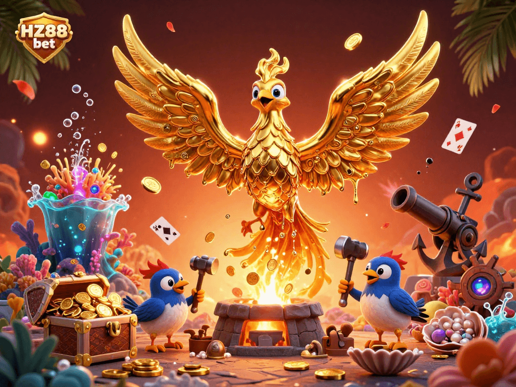 Engage with HZ88 bet in a vibrant casino scene featuring a molten golden phoenix, winning treasures, and dynamic gameplay elements.