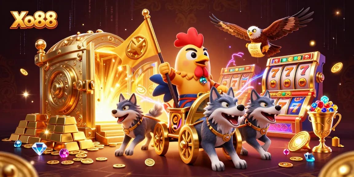 Xo88 captivates with a dynamic casino scene featuring a rooster warlord in a golden chariot amidst riches.