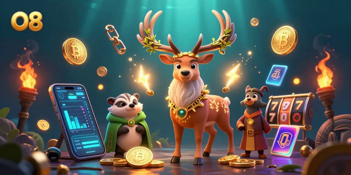 Spin the reels and win big with O8's vibrant illustration of a Celtic stag and a wise badger in a magical casino