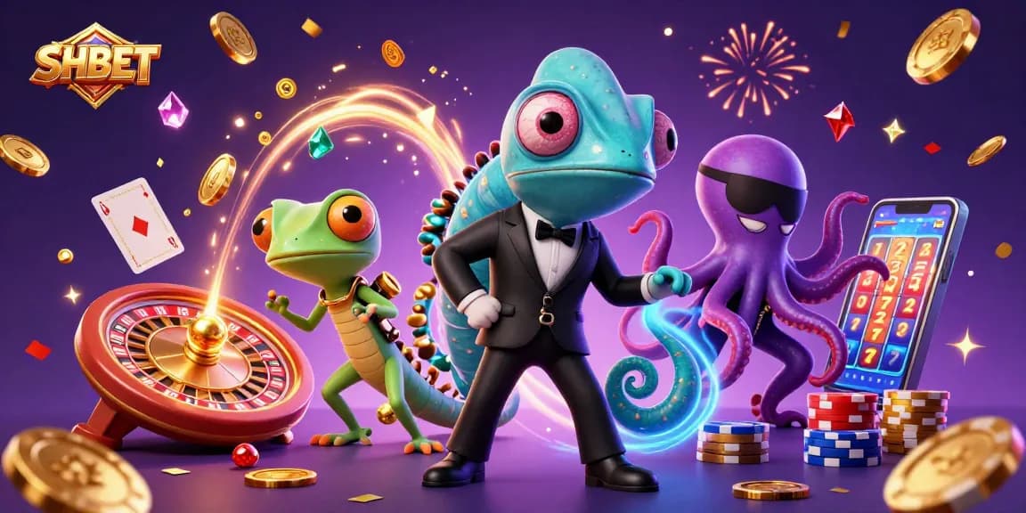 Experience the excitement of SHBET with a vibrant casino scene featuring a colorful 3D illustration of characters and games.