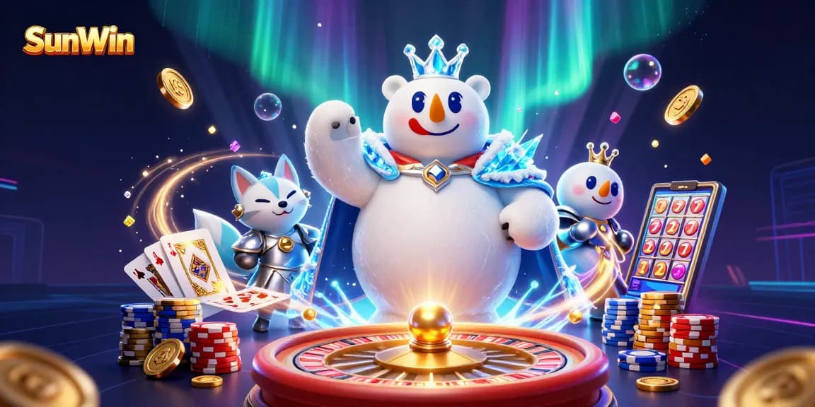 Engage with SunWin's captivating online casino, featuring vibrant 3D Polar Bear and Snow Fox surrounded by cascading treasures.