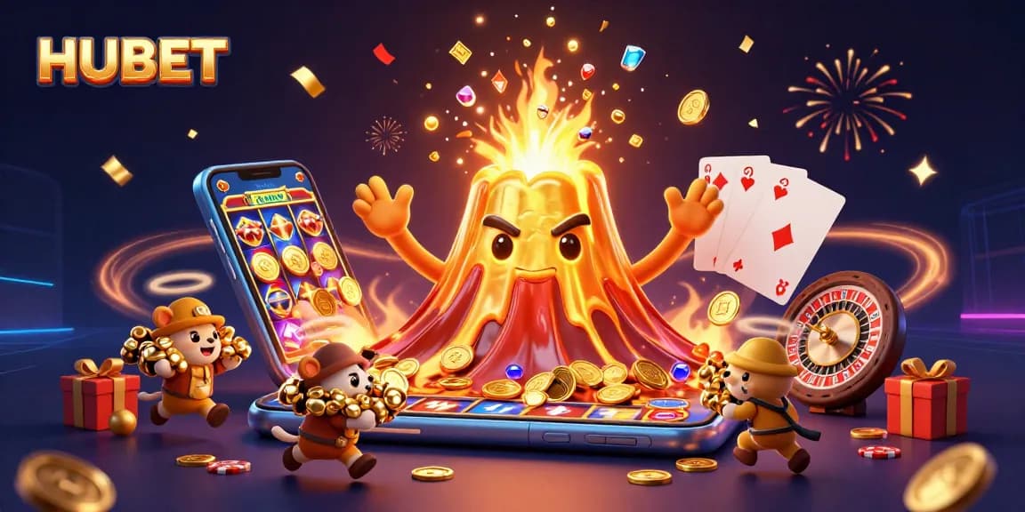 Experience thrill and excitement with HUBET's dynamic gaming scene filled with treasures and casino elements.