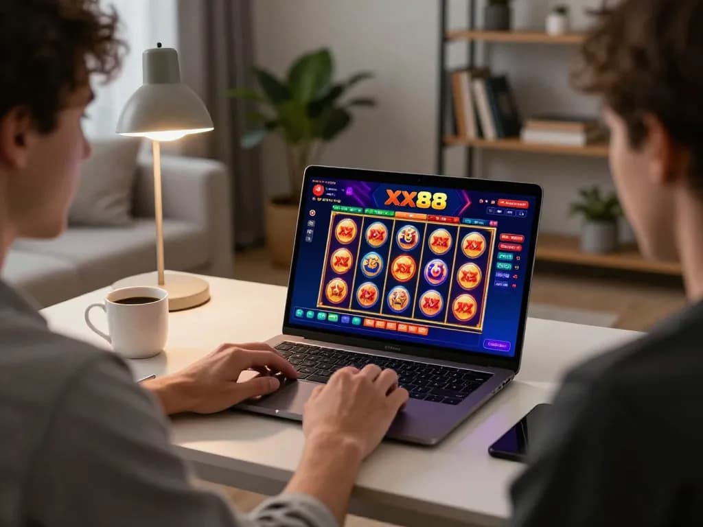 Player exploring exciting slots on xx88 platform from a cozy home setup with warm lighting.