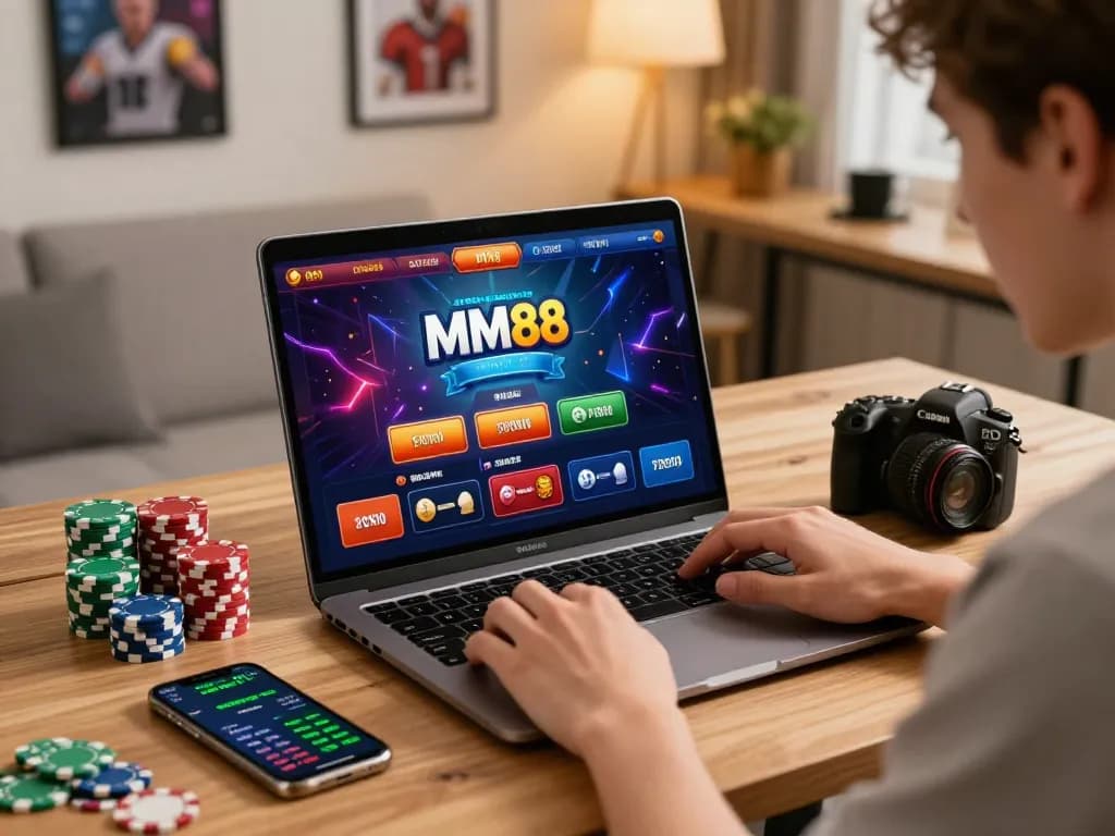 MM88 online betting experience with player engaging on laptop and smartphone.