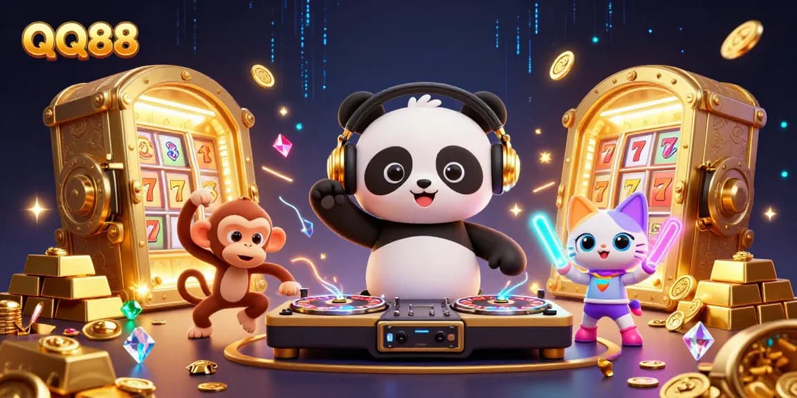 Experience the excitement of QQ88 with a vibrant 3D illustration featuring a DJ panda and casino themes.