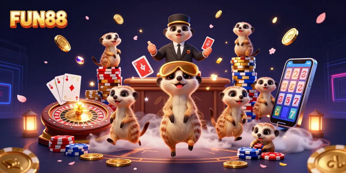 Experience the vibrant FUN88 casino world with meerkats running games, chips flying, and excitement all around.