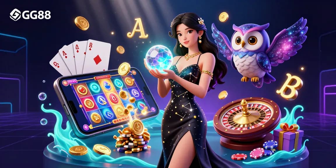 Engage with the enchanting universe of GG88 at this thrilling casino illustration depicting a captivating woman and mystical owl immersed in vibrant slots and games.