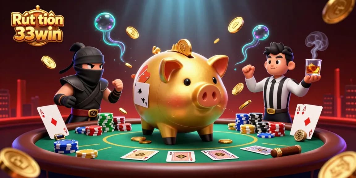 Engage in Rút tiền 33win with dynamic action featuring a sumo wrestler and ninja characters amidst casino elements.