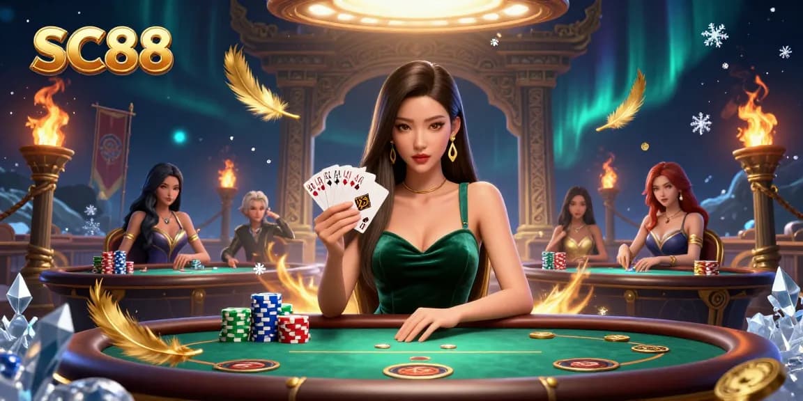 Experience thrilling gameplay at SC88 with a stunning Asian poker player revealing her cards in a vibrant casino atmosphere.