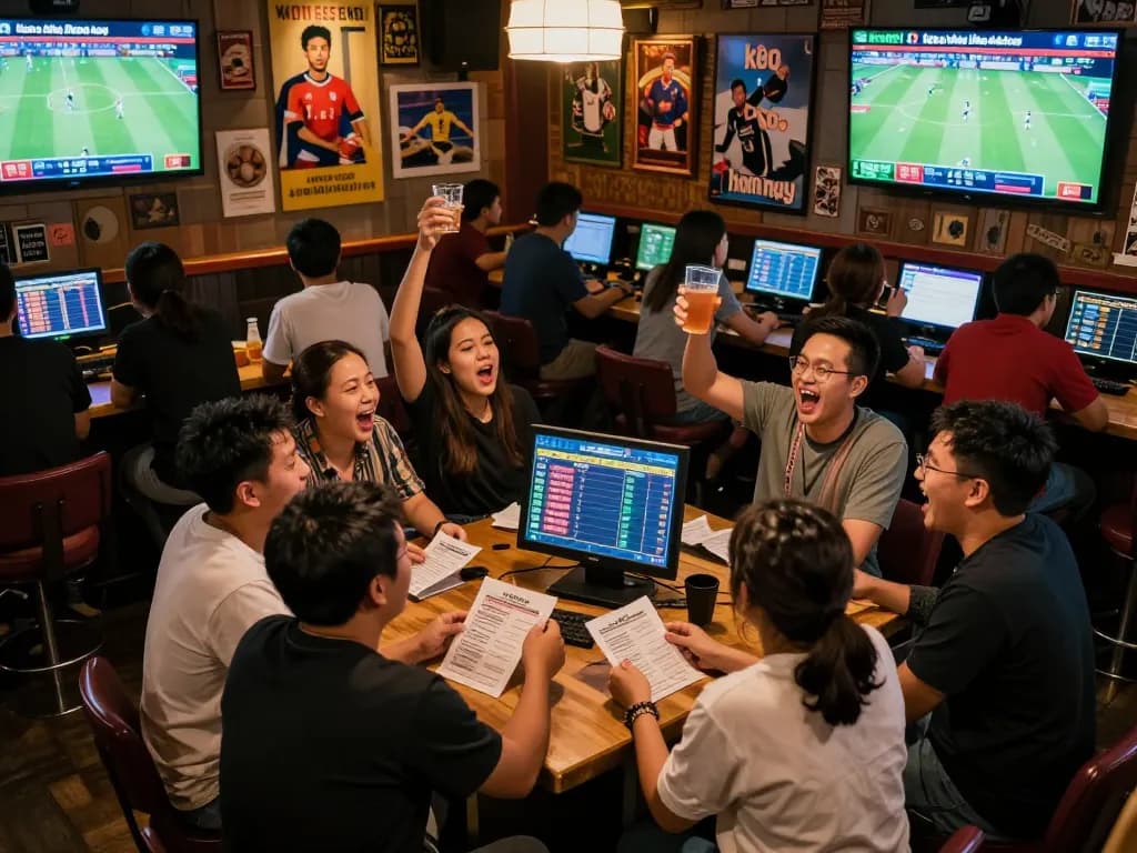 Fans celebrate winning "keo nha cai hom nay" bets in a vibrant sports bar atmosphere.