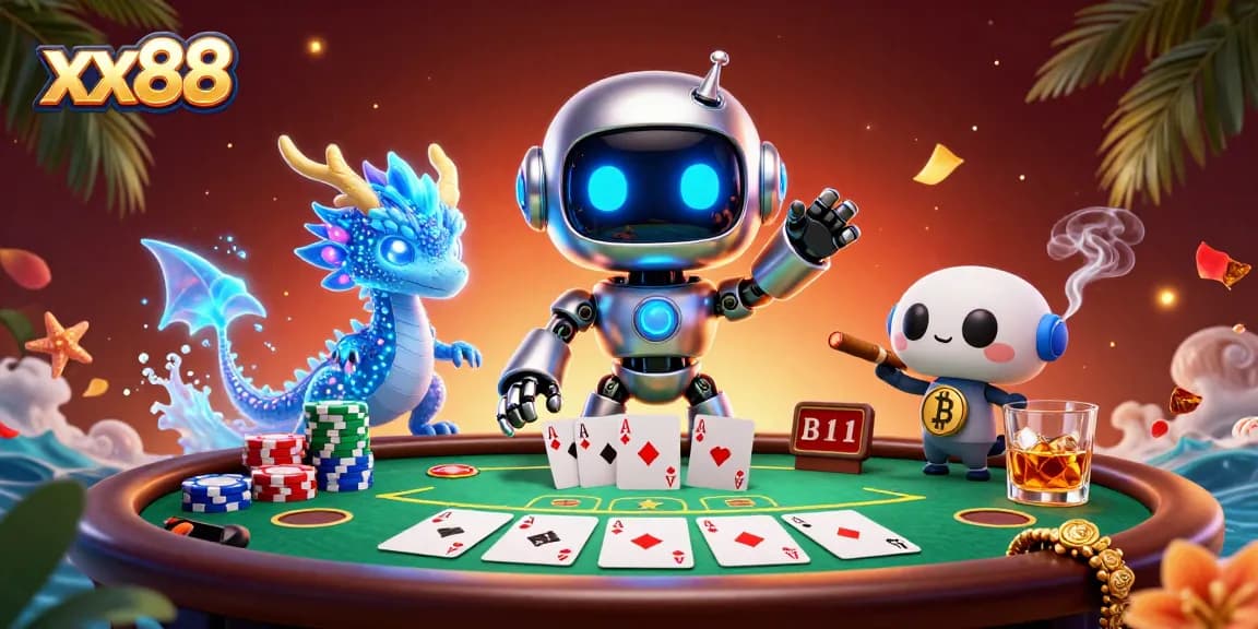 Experience excitement at xx88 with a vibrant poker scene featuring robotic heroes and dynamic gameplay.