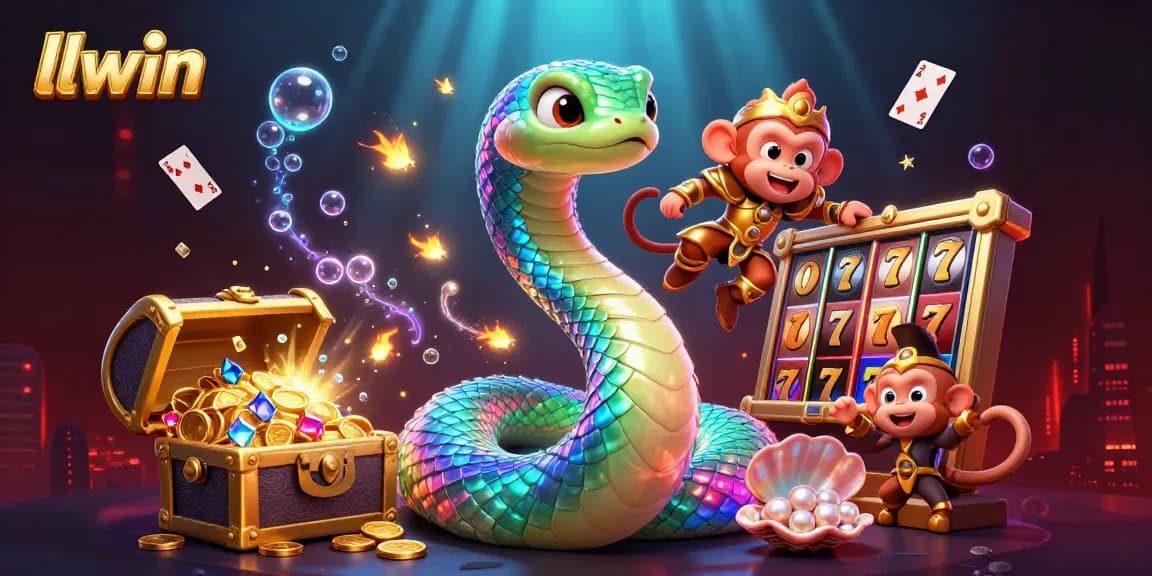 llwin's vibrant 3D illustration showcases a rainbow serpent amidst sparkling casino elements, enhancing gaming excitement.