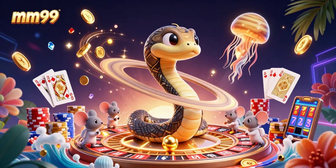 Experience thrilling bets and cosmic gameplay with mm99 in this vibrant 3D casino illustration.