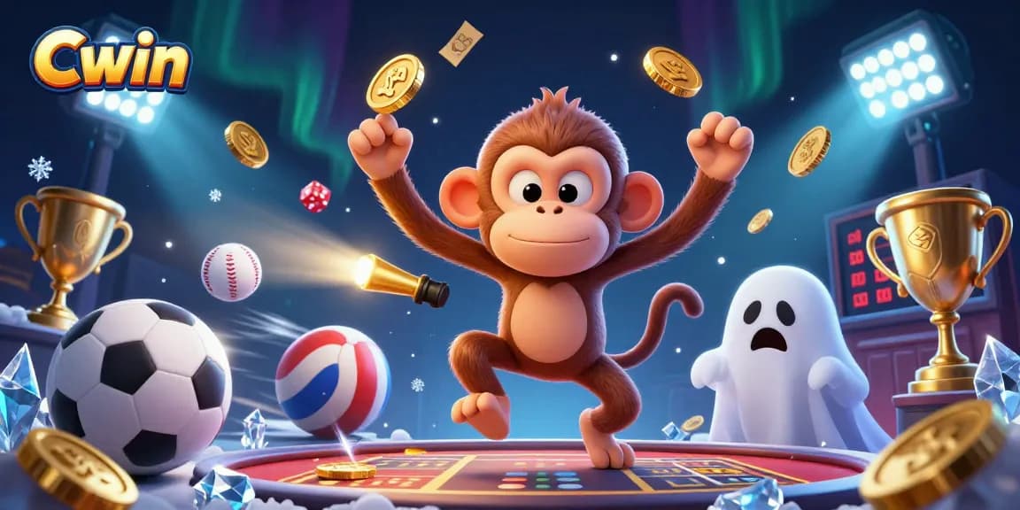 Cwin engages players with exciting sports betting adventures featuring juggled golden coins and a curious ghost-hunter puppy.