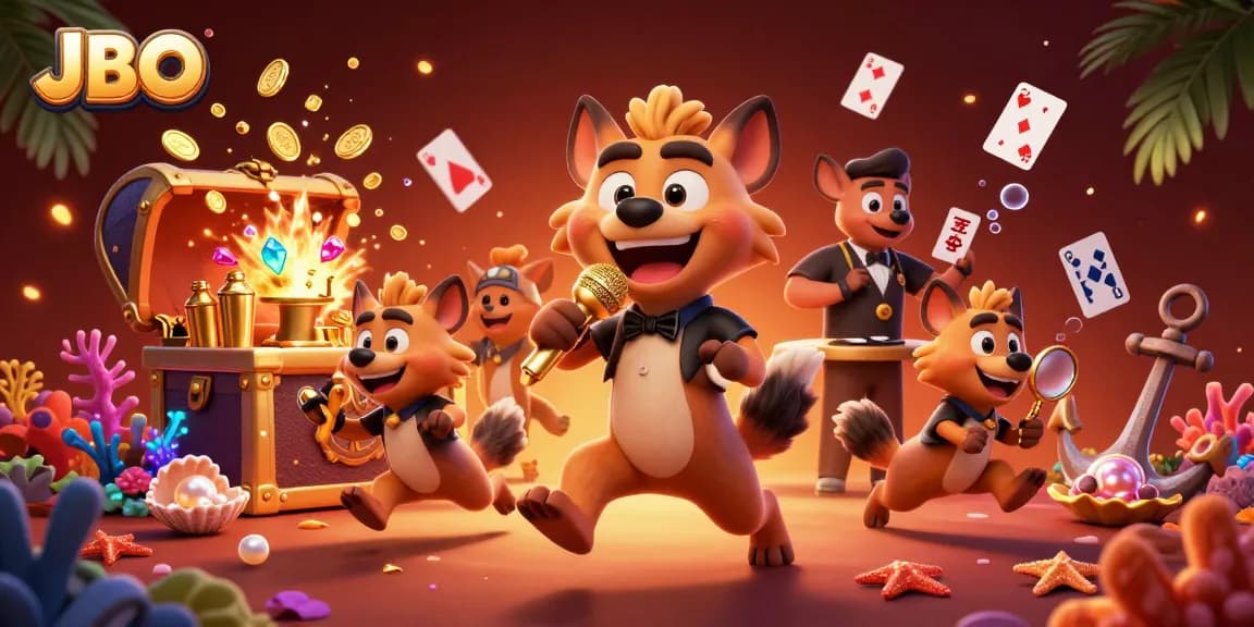 JBO hyenas entertain in a lively casino scene filled with treasures and playful elements.
