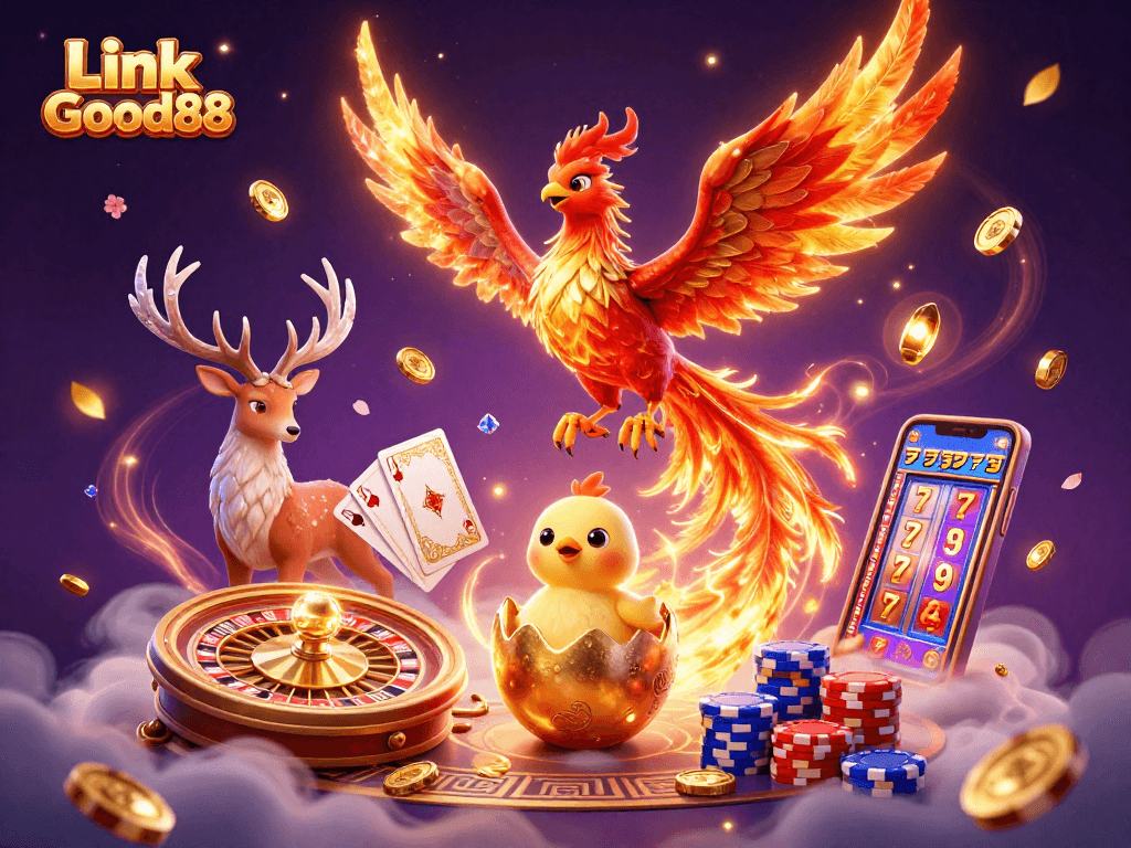 Experience the thrill at Link Good88 with a dynamic 3D casino scene featuring winning elements.