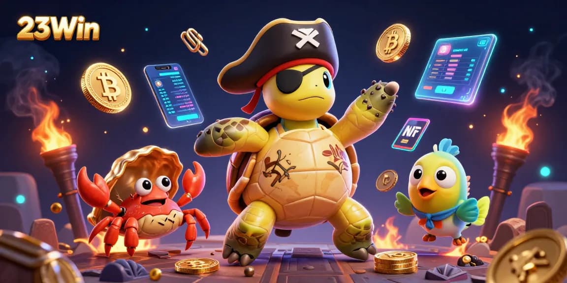 Engage with 23Win's vibrant casino universe featuring dynamic pirate characters and crypto elements