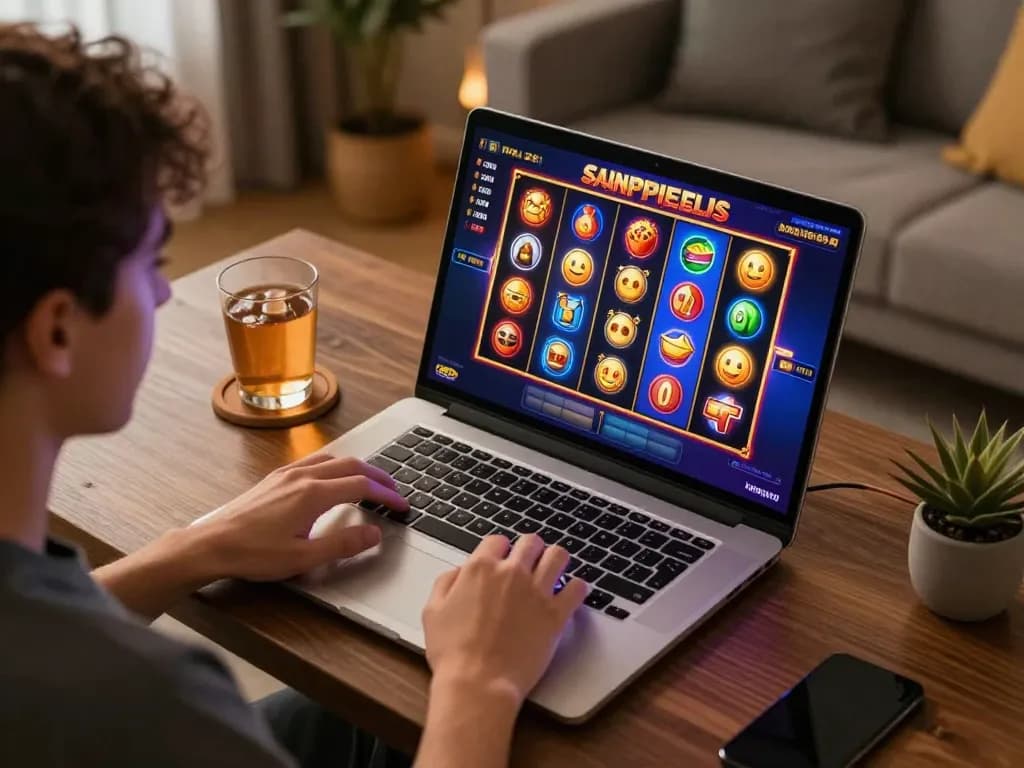 MM88 player engaged in online slot game on laptop, showcasing vibrant reels and easy bankroll management.