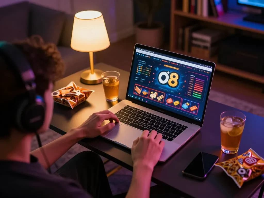 Engaging online gaming session at o8 casino with cozy setup and snacks.