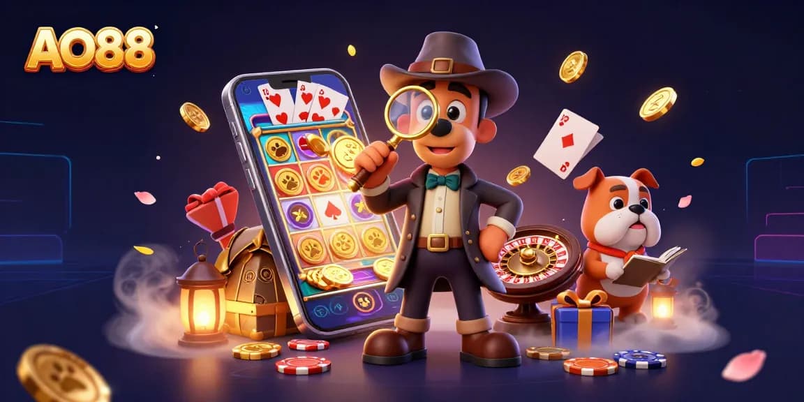 Engage with AO88's exciting casino games featuring a detective and dog discovering clues and treasures.