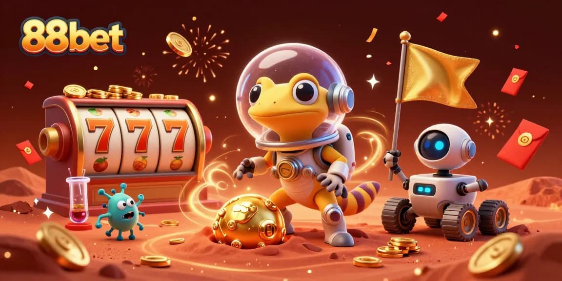 Experience the thrill of winning with 88bet's vibrant casino atmosphere illustrated in a Martian scene.