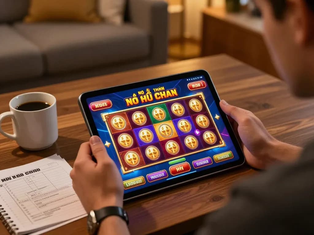 Engaging in nổ hũ đổi thưởng at home, showcasing strategic gameplay on a tablet.