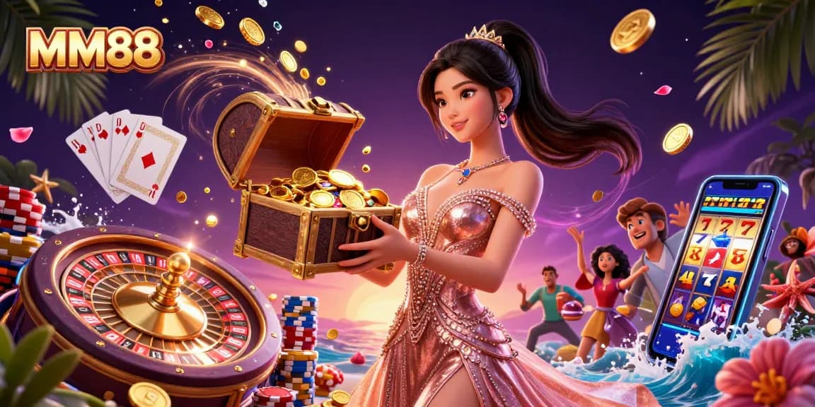 Experience the thrill of winning with MM88 as enchanting gems and coins cascade in a vibrant casino illustration.