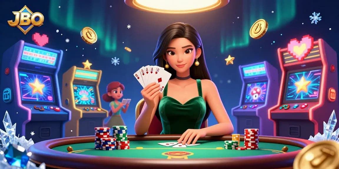 Engaging in a thrilling poker game at JBO, a beautiful Asian woman strategizes her winning hand amidst dynamic gaming elements.