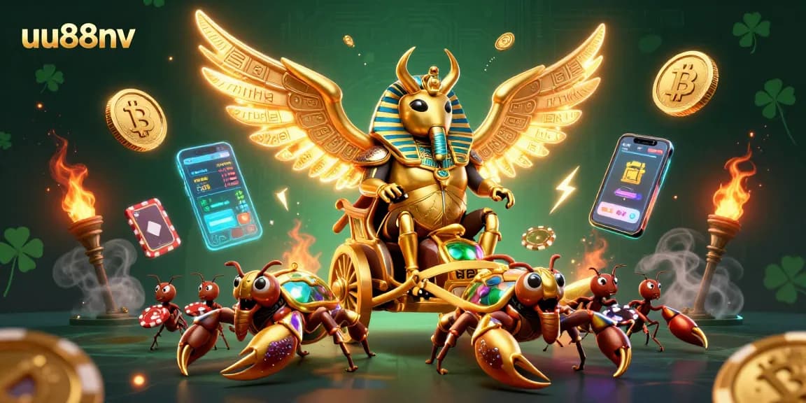 Engage in thrilling gambling experiences with uu88nv, featuring a golden scarab beetle and crypto elements.