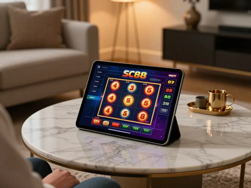 Engaging scene of SC88 BET online gaming with a player using a tablet to explore vibrant slot games
