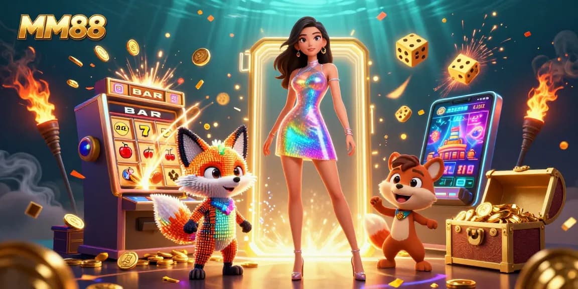 Experience the thrill of MM88 with a vibrant 3D casino scene featuring jackpot wins and exciting gameplay.
