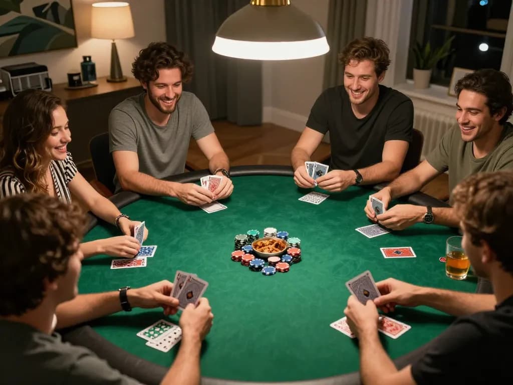 Engaging poker game at home, showcasing keo nha cai and strategic gameplay among friends