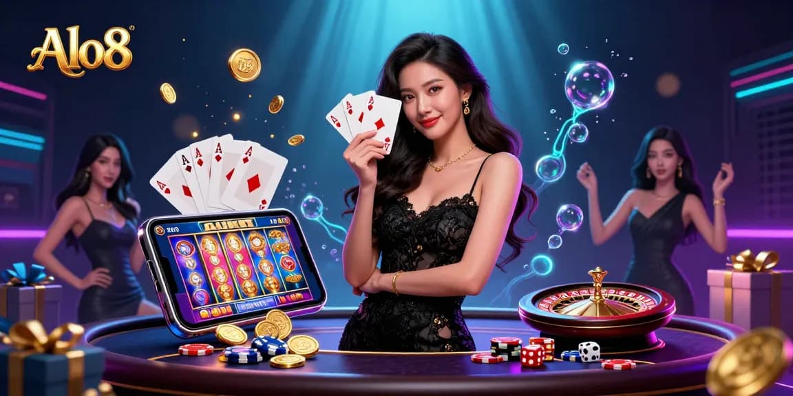 Win big with Alo8 in a vibrant casino scene, featuring elegant characters and action-packed gaming elements.