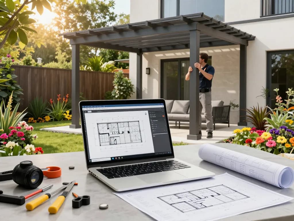Profesional utilizando software para instaladores de verandas para configurar una pérgola 3D en un jardín exuberante.