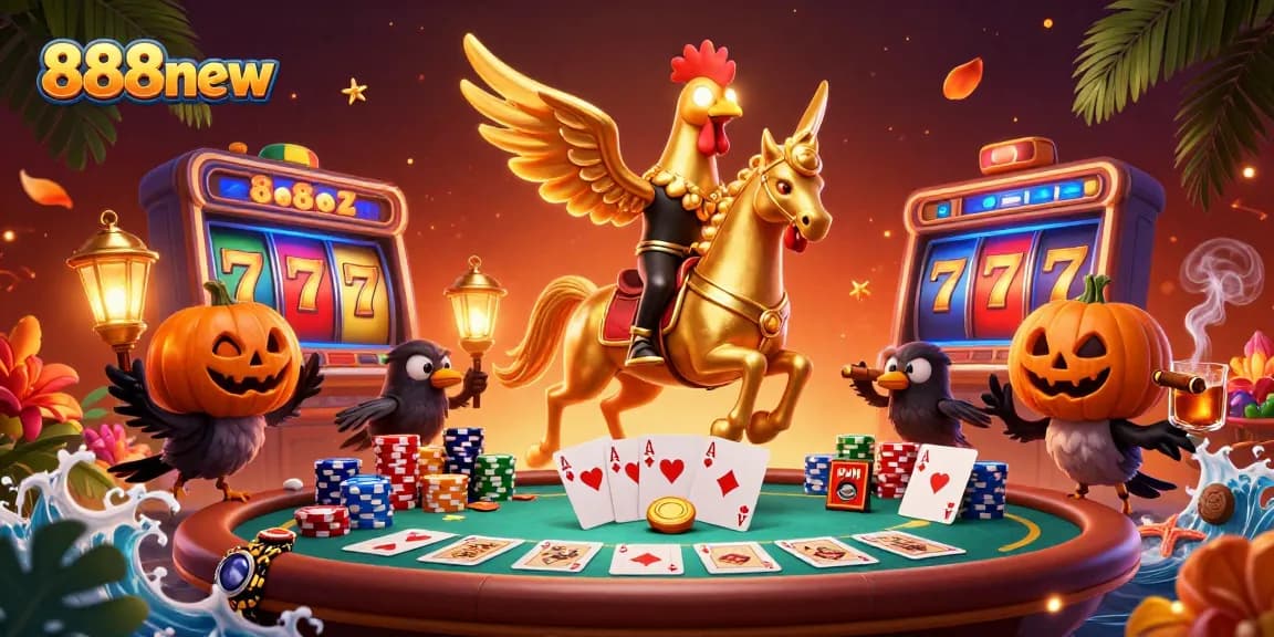 Experience the thrill of 888new with golden rooster characters and dynamic slot machines in a midnight casino scene.