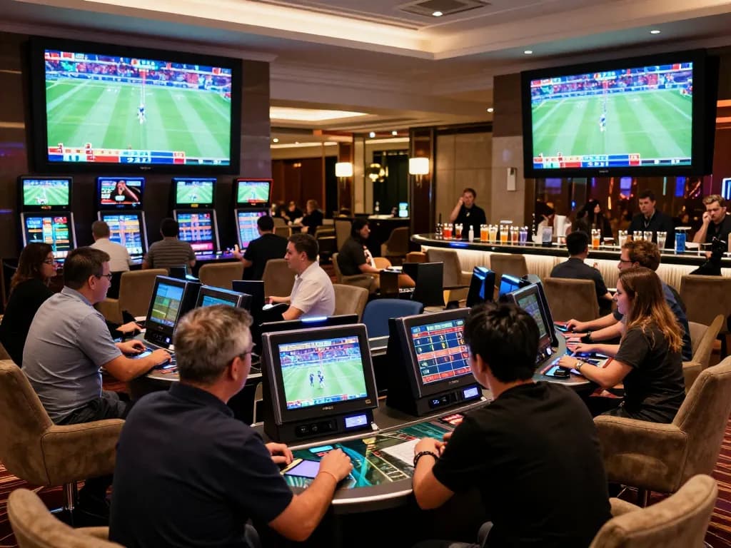 Visitors placing bets in luxury sports betting lounge at qq8827 during live events