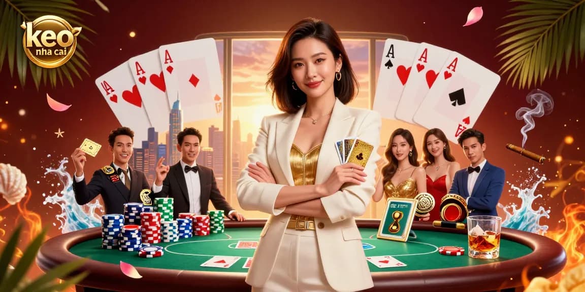 Engage in exhilarating poker with keo nha cai as a glamorous Asian businesswoman commands the scene, showcasing victory.