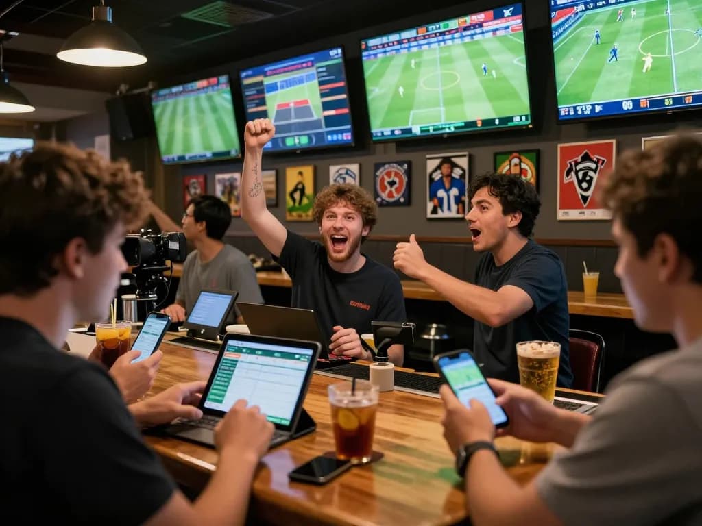 Fans engaging with tỷ lệ kèo nhà cái while watching live sports in a lively bar setting