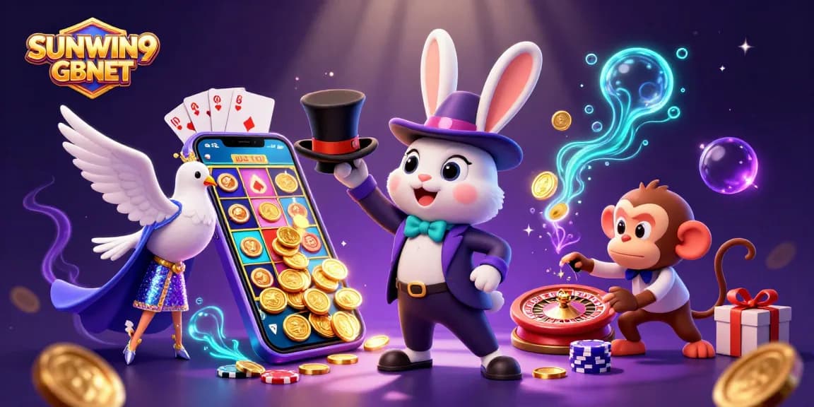 SUNWIN9 GBNET featuring a magician rabbit and dove, surrounded by vibrant casino elements.