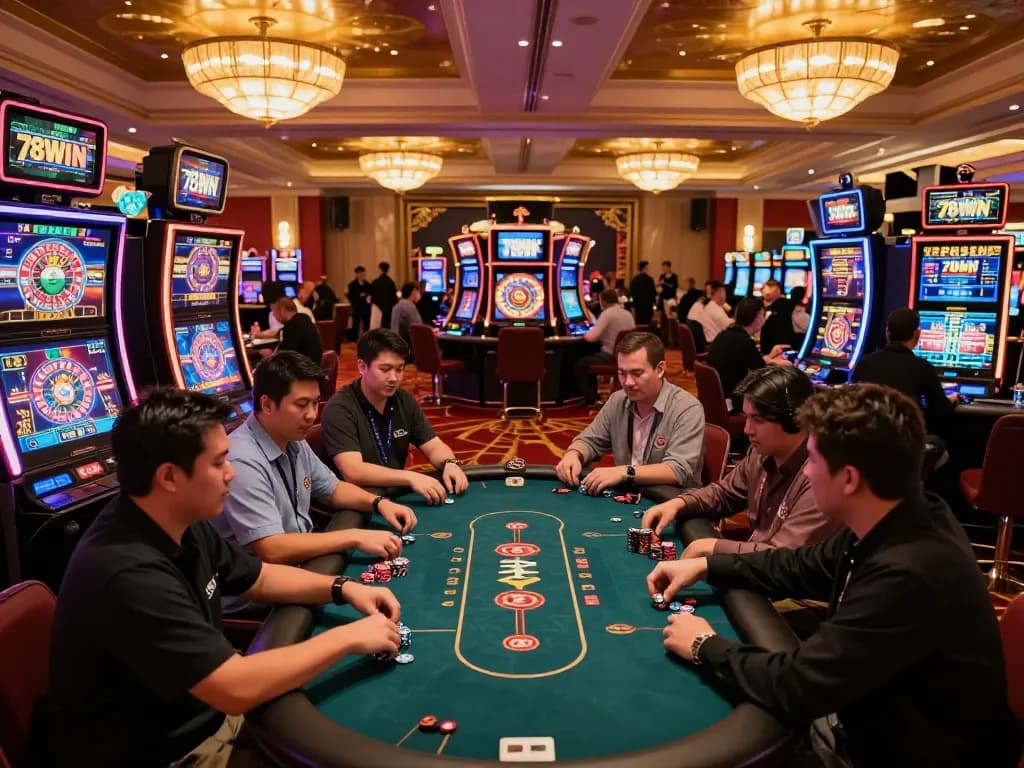Engaged players strategizing at 78WIN poker table, highlighting the thrill of casino gaming.