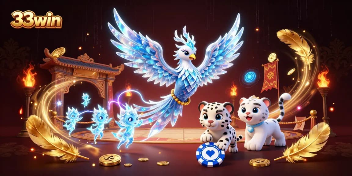 Experience stunning wins at 33win, featuring an ice phoenix and playful elements in a vibrant casino scene.