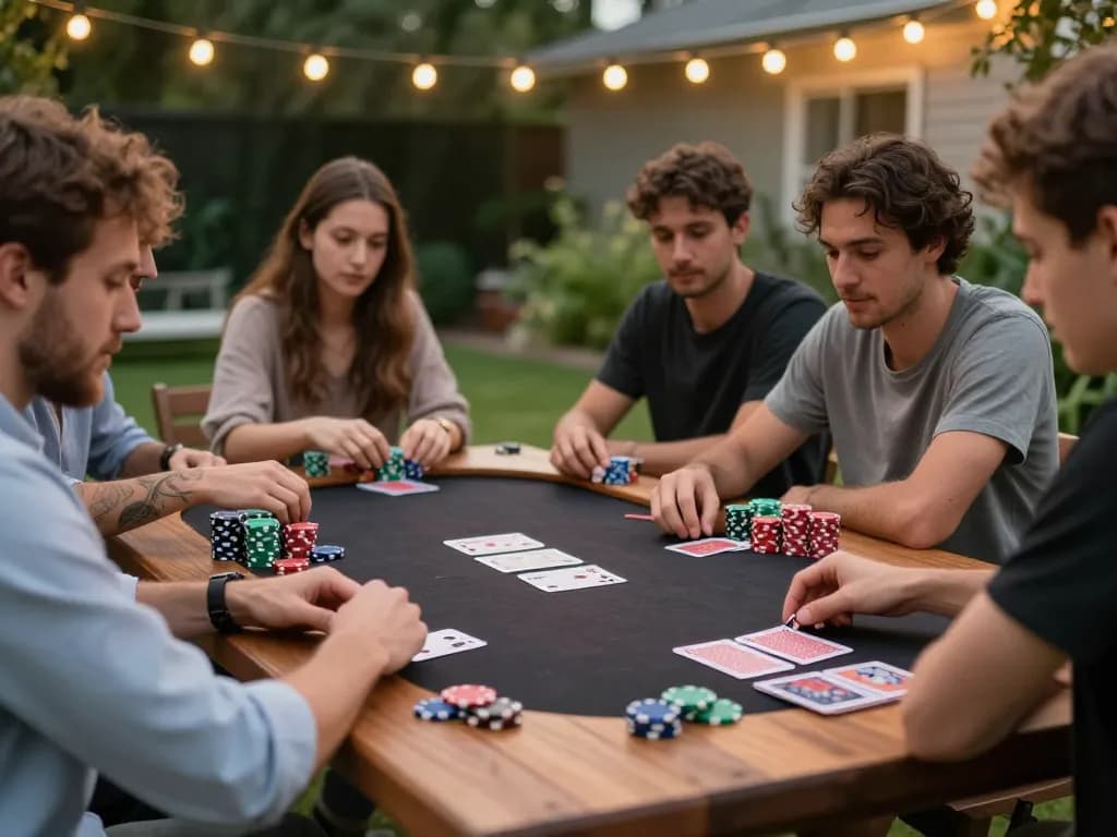 Playing poker outdoors with friends at a gg88-themed evening gathering, vibrant setting featuring quality chips and drinks.