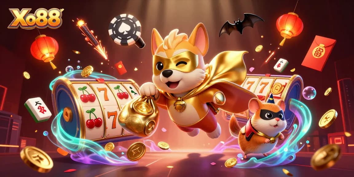 Xo88 brings excitement with a superhero dog flying amidst slot reels and gold coins.