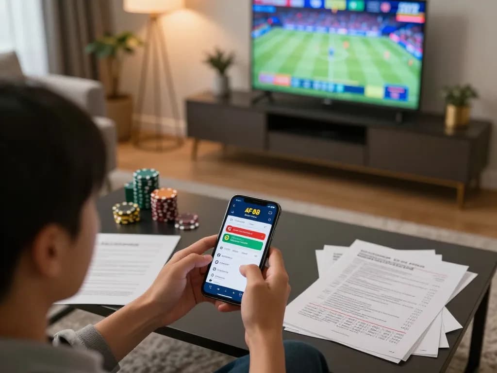 Engaging sports betting session using AF 88 app on smartphone in a cozy living room.
