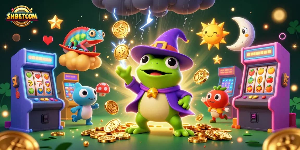 Engage with SHBETCOM as the wizard frog conjures a storm of gold coins in an enchanting casino realm.