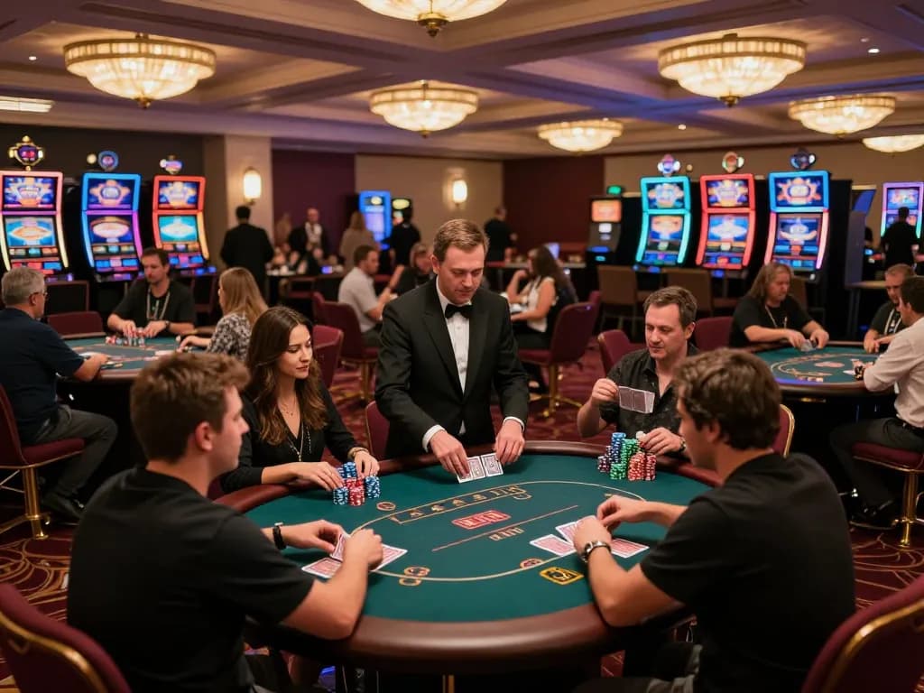 KJC players enjoy strategic gameplay at an upscale casino table in a vibrant atmosphere.