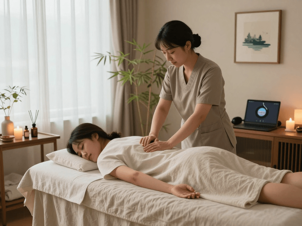 Experience 마포출장마사지 in a tranquil wellness room featuring a masseuse and client, illuminating relaxation.