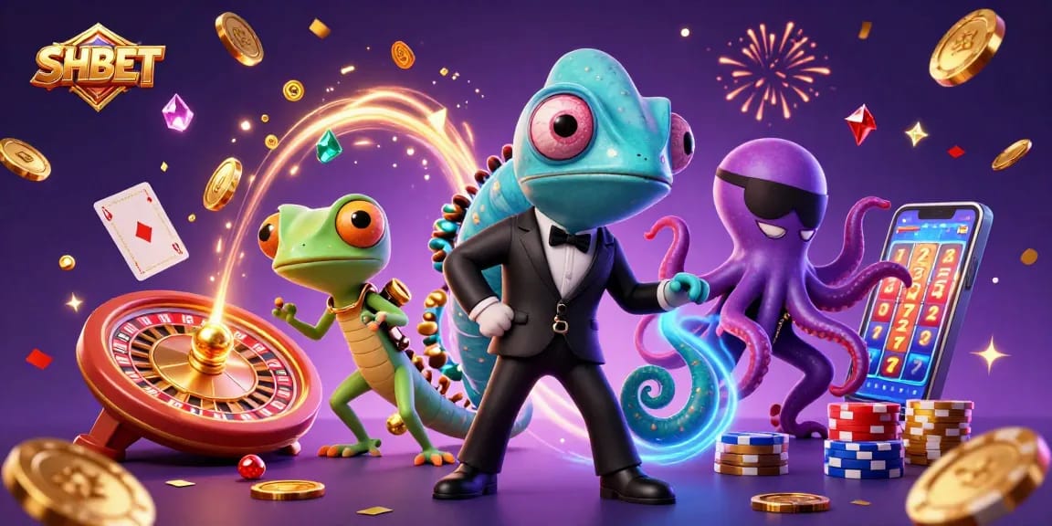 Experience the excitement of SHBET with a vibrant casino scene featuring a colorful 3D illustration of characters and games.