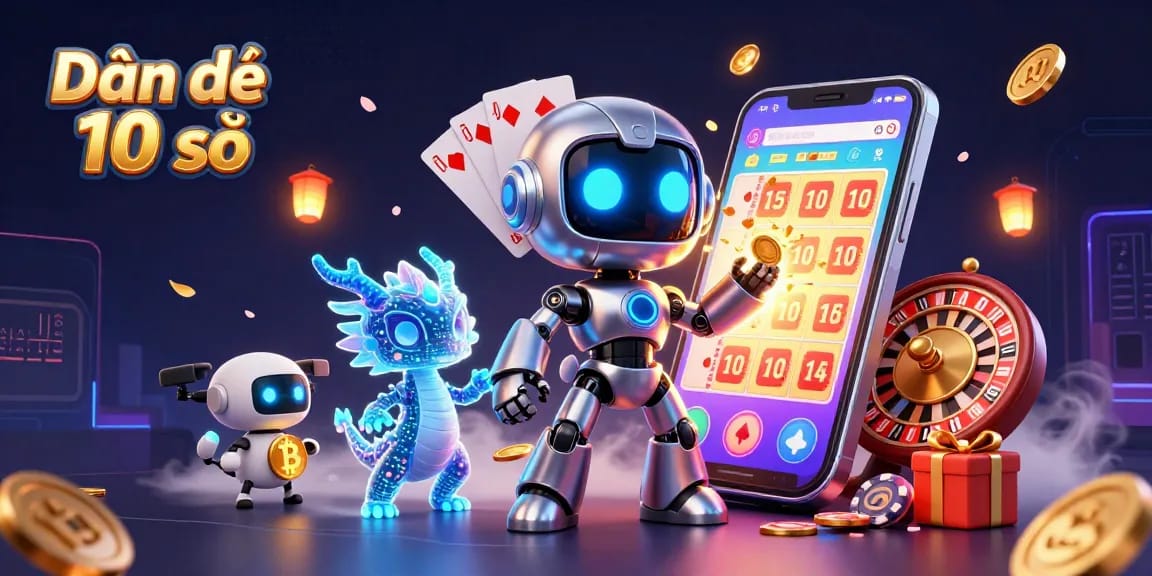 Dàn đề 10 số lottery game scene featuring a vibrant 3D robot and dragon in a casino atmosphere.