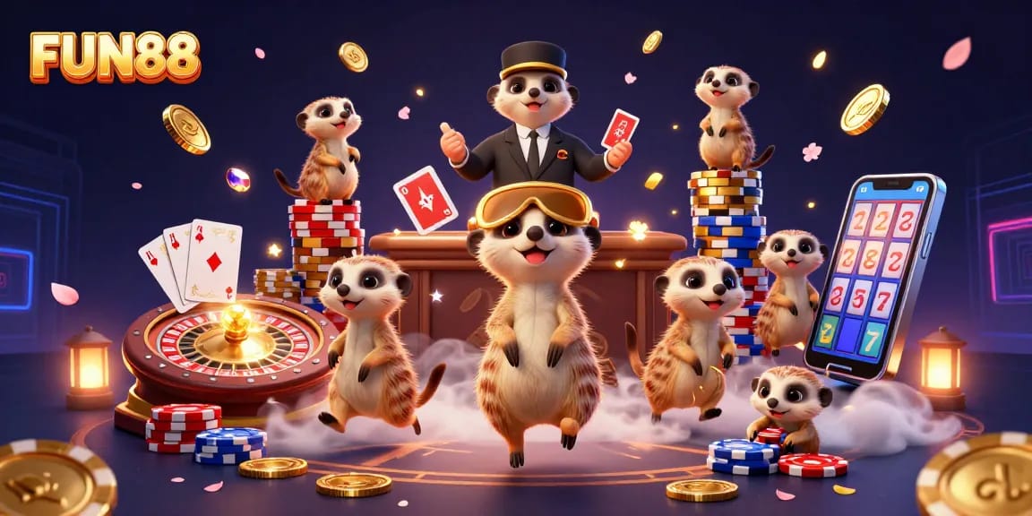 Experience the vibrant FUN88 casino world with meerkats running games, chips flying, and excitement all around.